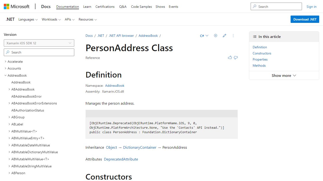 PersonAddress Class (AddressBook) | Microsoft Docs